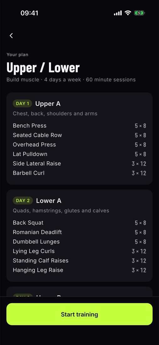 A generated four-day upper and lower plan with sets and reps for each exercise